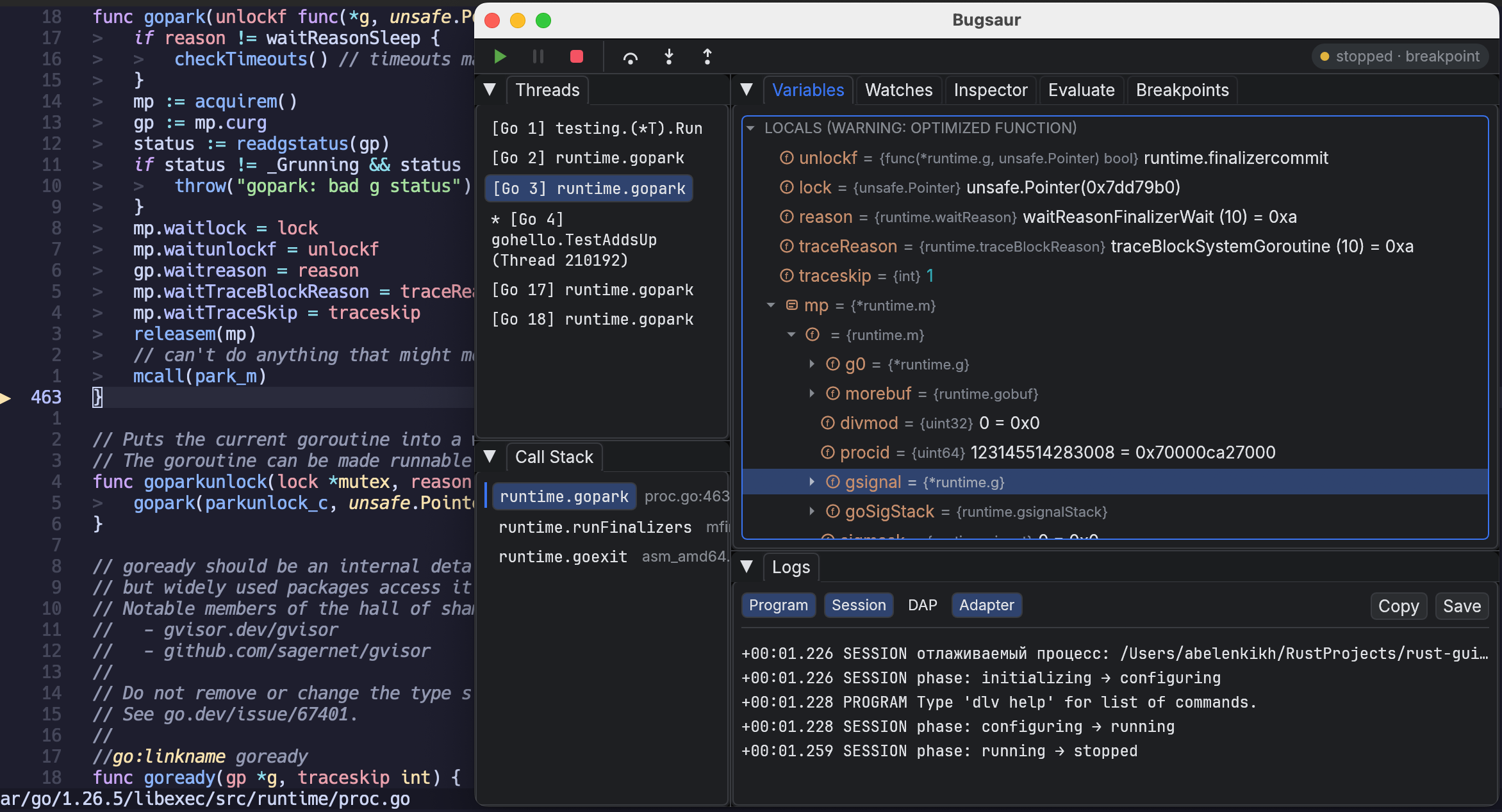 The Bugsaur window during a debug session